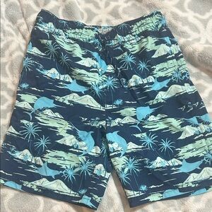 Boys Navy Blue Tropical Print Swim Trunks